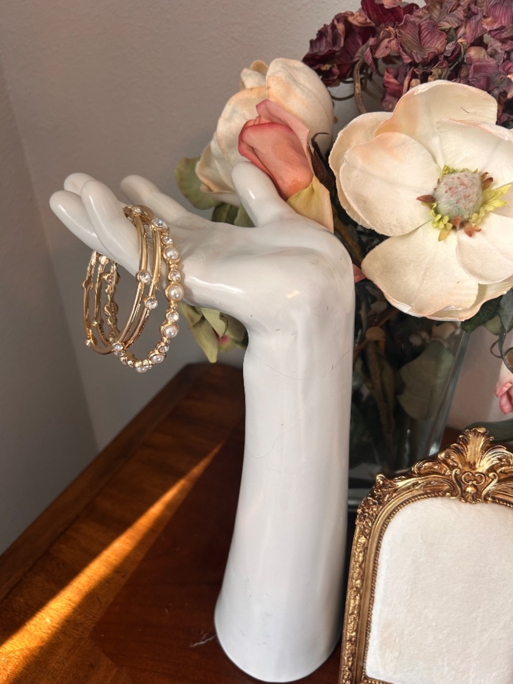 Three Anne Klein Gold Tone Rhinestone and Pearl Bangle Bracelet Set - Picture 5 of 7